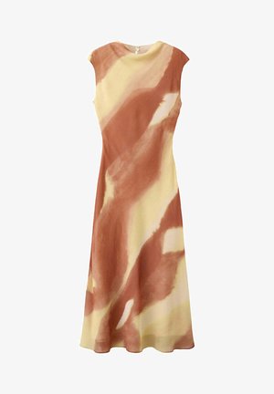 Robe midi sans manches avec motif aquarelle abstrait marron et beige, encolure ronde et fermeture par boutons dans le dos.