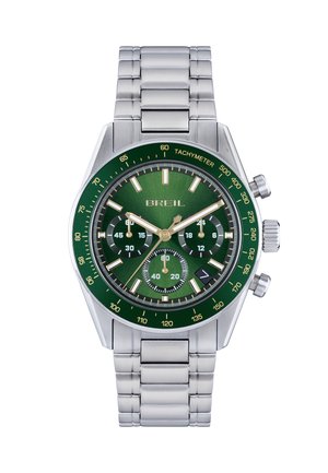 Silver stainless steel chronograph watch with a green dial, gold accents, tachymeter scale, and three sub-dials. Multiple link bracelet.