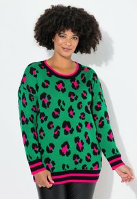 Grüner Strickpullover mit einem Leopardenmuster in Schwarz und Pink, mit rundem Halsausschnitt, langen Ärmeln sowie gestreiften Bündchen und Saum.