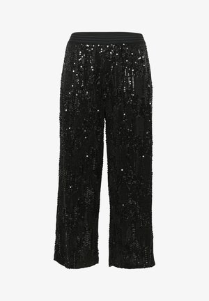 Mustmustelid sequined laiad püksid tekstuurse välimusega, millel on must elastne vöökoht ja sädelevad detailid üle kogu pükste.