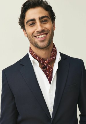 Smiling man wearing a navy blazer, white button-up shirt, and a patterned maroon neck scarf against a neutral background.