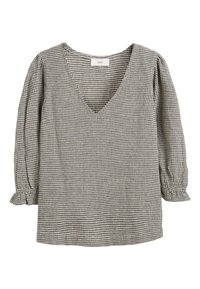 Black and white gingham blouse with a V-neck, three-quarter sleeves, and gathered cuffs. Textured fabric with a check pattern.