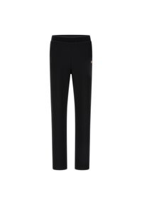 Black athletic pants with a textured fabric, featuring a smooth waistband and a small logo detail on the side. Straight leg design.