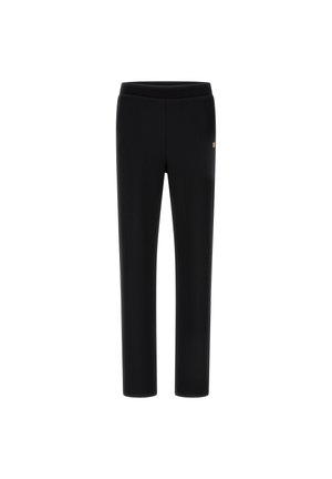 Sorte treningsbukser med strukturert stoff, med en glatt midjebånd og en liten logodetalj på siden. Rett ben-design.