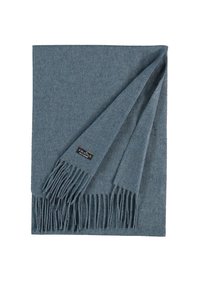 Blå uldscarf med frynser i enderne og et lille mærke. Glat tekstur med et subtilt meleret mønster. Firkantet form, pænt foldet.