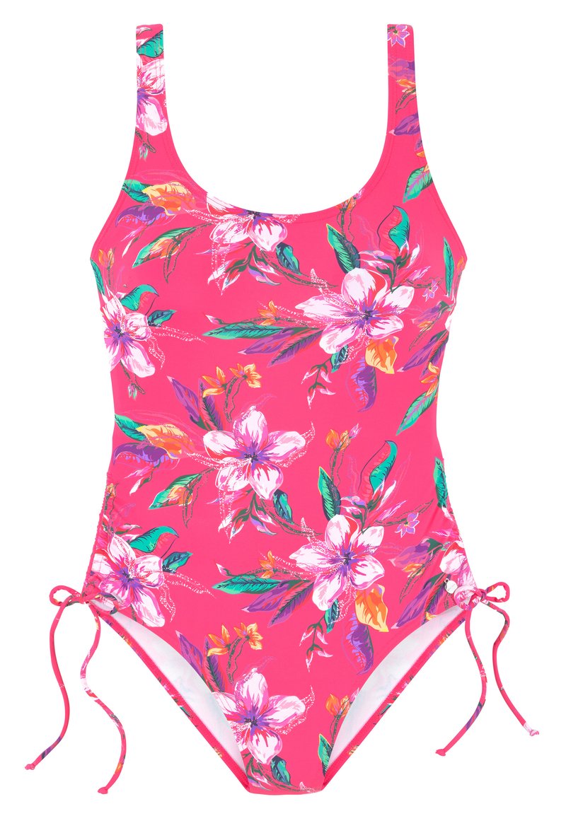 Costume da bagno intero rosa con grandi fiori bianchi e colorati, lacci laterali regolabili e una texture di tessuto liscia e elastica.