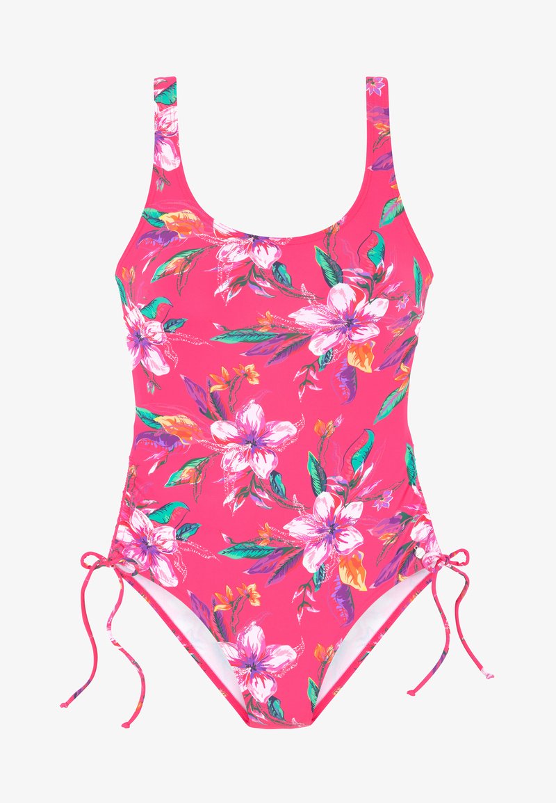 Roze bloemen badpak met grote witte en kleurrijke bloemen, verstelbare zijknoopjes en een gladde, elastische stoftextuur.