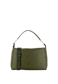 Borsa a tracolla verde in pelle con un design strutturato, dotata di una breve tracolla nera con la scritta "MANNO" e un’accattivante accentatura in metallo.