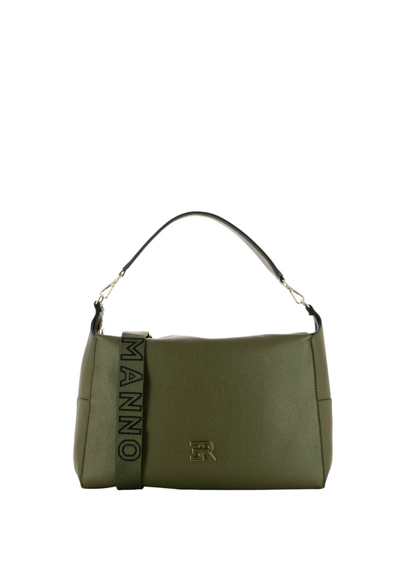 Borsa a tracolla verde in pelle con un design strutturato, dotata di una breve tracolla nera con la scritta "MANNO" e un’accattivante accentatura in metallo.