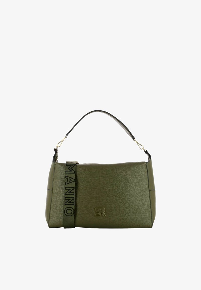 Borsa a tracolla verde in pelle con un design strutturato, dotata di una breve tracolla nera con la scritta "MANNO" e un’accattivante accentatura in metallo.