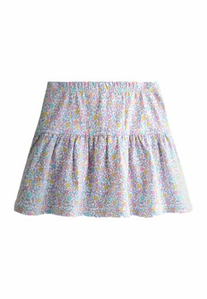 Virágmintás, elasztikus derékú szoknya pasztell színű kis virágokkal rózsaszín, sárga, kék és zöld árnyalatokban, fehér alapon.
