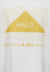 Żółty trójkąt z napisem „HALO” nad abstrakcyjnymi liniami topograficznymi, wraz z napisem „F.U.T. Wychowanie fizyczne i trening B-583”.