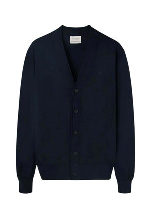 Cárdigan azul marino con botones, mangas largas, puños acanalados y cuello en V.