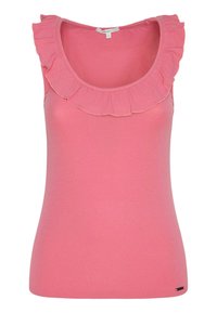 Débardeur rose à côtes avec un col rond et un bord volanté. Manches courtes, design ajusté, et un petit logo en accent au bas.