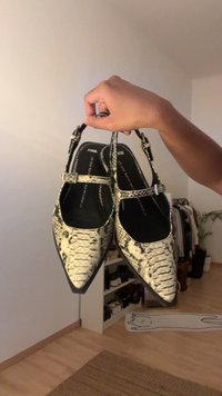 Mão segurando um par de sapatilhas Mary Jane com bico fino e padrão de cobra, em uma sala com sapatos e roupas ao fundo.