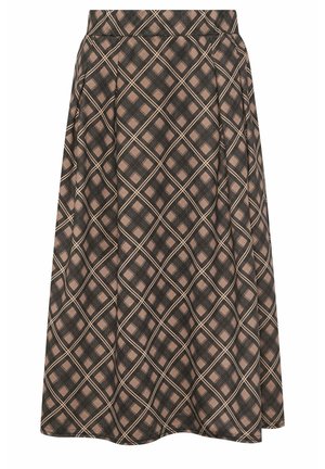 Lange rok met bruin en zwart diamantruitpatroon en plooien, hoge tailleband, uitlopende silhouet.