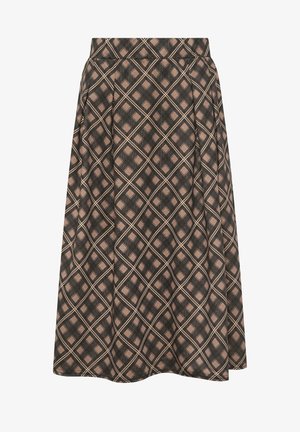 Lang nederdel med brun og sort diamantternet mønster og plisseringer, høj talje, udvidet silhuet.