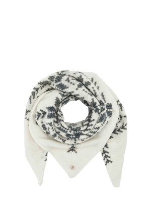 White knitted scarf with black and grey geometric patterns, folded in a triangular shape with a small round metal tag.