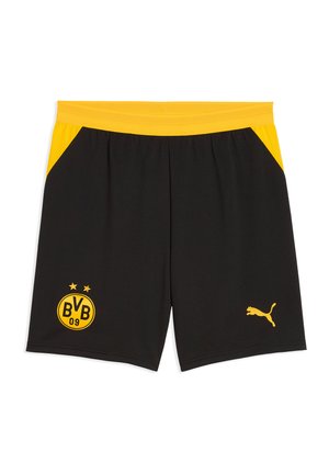 Schwarze und gelbe Sportshorts mit BVB 09-Logo und zwei Sternen am linken Bein sowie gelbem Puma-Logo am rechten Bein.
