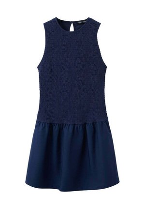 Robe bleu marine sans manches avec corsage texturé, encolure ronde, dos découpé en forme de goutte et jupe évasée.