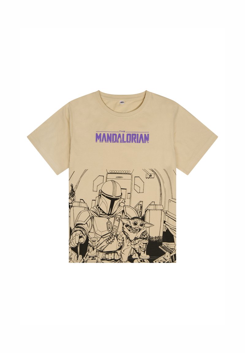 Camiseta de algodón beige con un diseño gráfico negro de dos personajes, con "THE MANDALORIAN" impreso en púrpura sobre la ilustración.