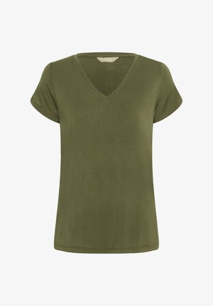 Olivroheline lühikeste varrukatega T-särk V-kaelusega, valmistatud pehmest kangast, lõdva lõikega ja sirge äärisega, ilma kaunistusteta.