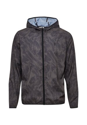 Lightweight, hooded jacket in dark gray with a subtle wave pattern. Features a full zipper and contrasting light blue lining.