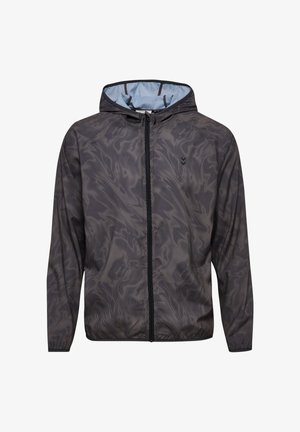 Lekka, kapturowa kurtka w ciemnoszarym kolorze z subtelnym wzorem fal. Posiada pełny zamek błyskawiczny oraz kontrastową jasnoniebieską podszewkę.