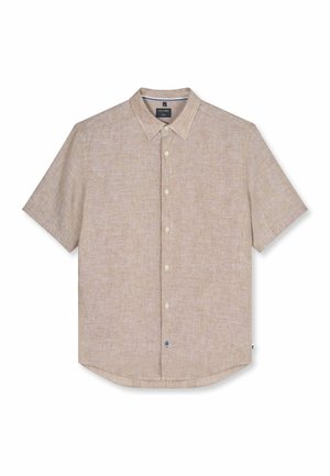 Beiges Herrenhemd mit kurzen Ärmeln, spitzem Kragen, sichtbaren Knöpfen vorne und subtiler Leinenstruktur.