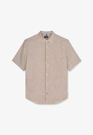 Beiges Herrenhemd mit kurzen Ärmeln, spitzem Kragen, sichtbaren Knöpfen vorne und subtiler Leinenstruktur.