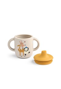 Sippy pohár v jemnej slonovinovej farbe s dvoma úchytkami, s dizajnom žirafy a pandy. Súčasťou je žltý silikónový vrchnák.