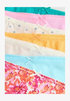 Assorted underwear featuring six colors: teal, pink, cream with polka dots, yellow, light blue, and a floral print, each with a bow accent.
