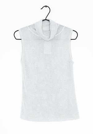 Mouwloos lichtgrijs coltrui topje hangend aan een zwarte hanger tegen een witte achtergrond.