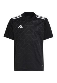 Zwarte sporttrui met een geometrisch patroon, korte mouwen, V-hals, wit driestrepenontwerp op de schouders en het Adidas-logo op de borst.