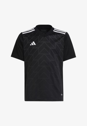 Schwarzes Sporttrikot mit geometrischem Muster, kurzen Ärmeln, V-Ausschnitt, weißem Drei-Streifen-Design auf den Schultern und Adidas-Logo auf der Brust.