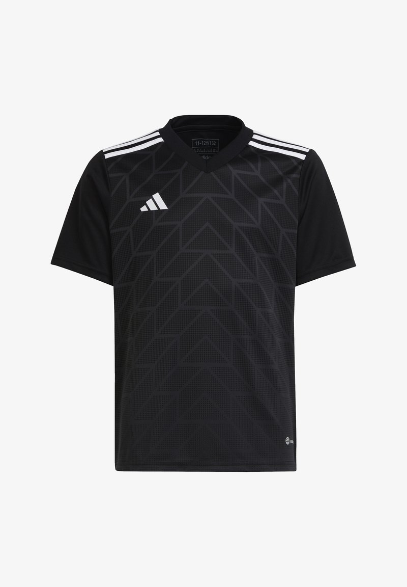 Schwarzes Sporttrikot mit geometrischem Muster, kurzen Ärmeln, V-Ausschnitt, weißem Drei-Streifen-Design auf den Schultern und Adidas-Logo auf der Brust.