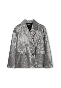 Srebrny żakiet dwurzędowy z szerokimi klapami i czterema guzikami, z klapowymi kieszeniami po każdej stronie.