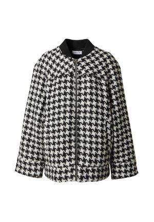 Schwarz-weiße Bomberjacke im Hahnentrittmuster mit Reißverschluss, schwarzem geripptem Kragen und langen Ärmeln. Aus strukturiertem Material gefertigt.