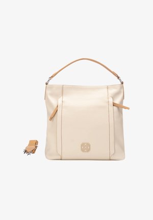 Borsa beige in pelle con manico superiore, tasche frontali con cerniera e tracolla removibile posata accanto su sfondo bianco.