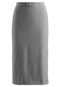 Grijze pencil skirt van gladde stof, met een aansluitend ontwerp, knielange snit en een decoratieve ronde metalen accent bij de taille.