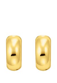 Ein Paar glatte, polierte goldene rechteckige Manschettenknöpfe mit abgerundeten Kanten und reflektierenden Oberflächen auf einem weißen Hintergrund.