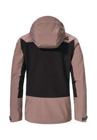 Hooded jacket featuring a color block design with a pink upper section and black lower section. Made of smooth, water-resistant material.