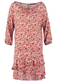 Robe fleurie rose clair avec manches trois-quarts et ourlet à volants superposés dans des tons rouges, orange et marron sur tissu transparent.