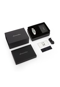 Ασημένιο ορθογώνιο ρολόι χειρός με πράσινο καντράν σε μαύρο κουτί Commonlines, συνοδευόμενο από εργαλείο, πανί καθαρισμού και κάρτα οδηγιών σε λευκό φόντο.