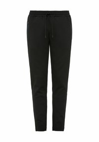 Czarne sportowe spodnie wykonane z miękkiego materiału, wyposażone w elastyczny pas z sznurkiem, boczne kieszenie na zamek oraz zwężane nogawki.