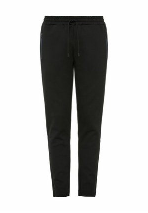 Czarne sportowe spodnie wykonane z miękkiego materiału, wyposażone w elastyczny pas z sznurkiem, boczne kieszenie na zamek oraz zwężane nogawki.