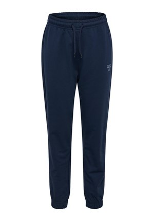 Granatowe spodnie dresowe z elastycznym pasem, sznurkiem, ściągaczami przy kostkach oraz małym logo pszczoły na lewym udzie.