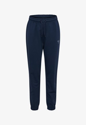 Marineblaue Jogginghose mit elastischem Bund, Kordelzug, angesetzten Bündchen an den Knöcheln und kleinem Bienensymbol am linken Oberschenkel.