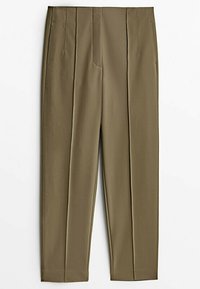 Pantalon fuselé kaki avec plis devant, poches latérales et taille haute, présenté à plat sur fond blanc.