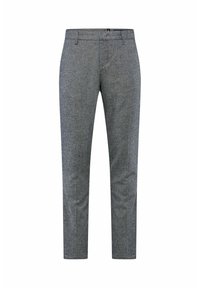 Grijze wollen mix broek met een maatwerk ontwerp, slim fit, platte voorkant en riemlussen. Heeft een subtiele textuur en rechte pijpen.
